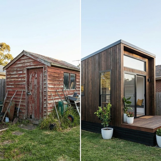 converting shed to tiny home Florida - before and after