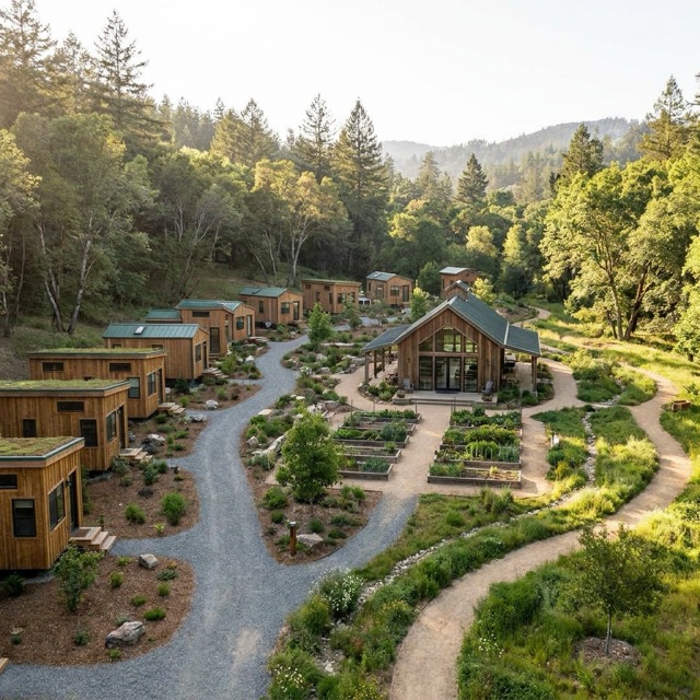 tiny home community amenities Florida - clubhouses gardens trails